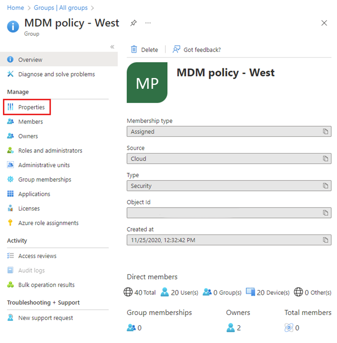 Screenshot: Übersichtsseite für „MDM policy – West“ (MDM-Richtlinie – Westen) mit Mitgliedsinformationen