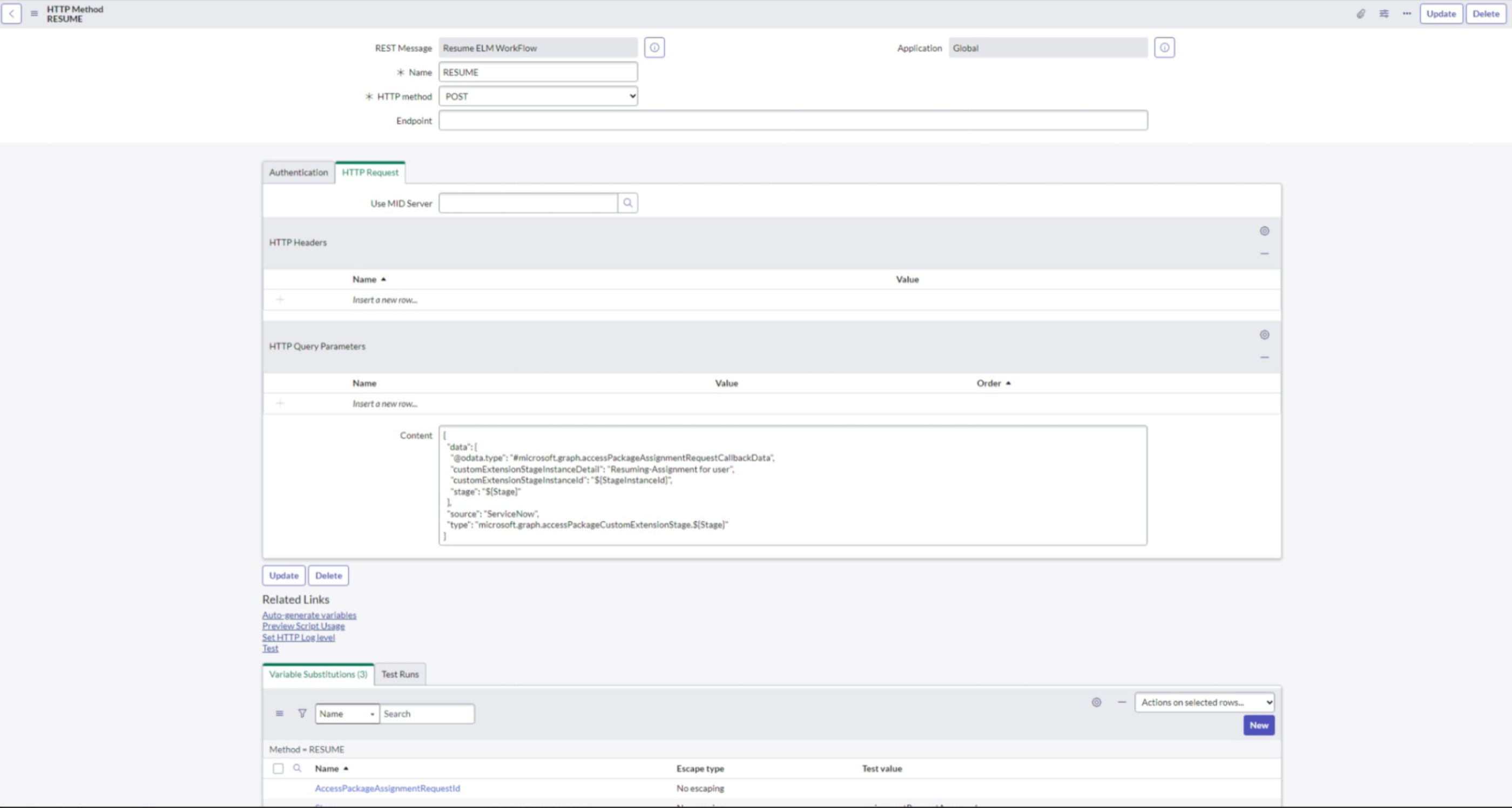 Screenshot der HTTP-Anforderung innerhalb von ServiceNow.