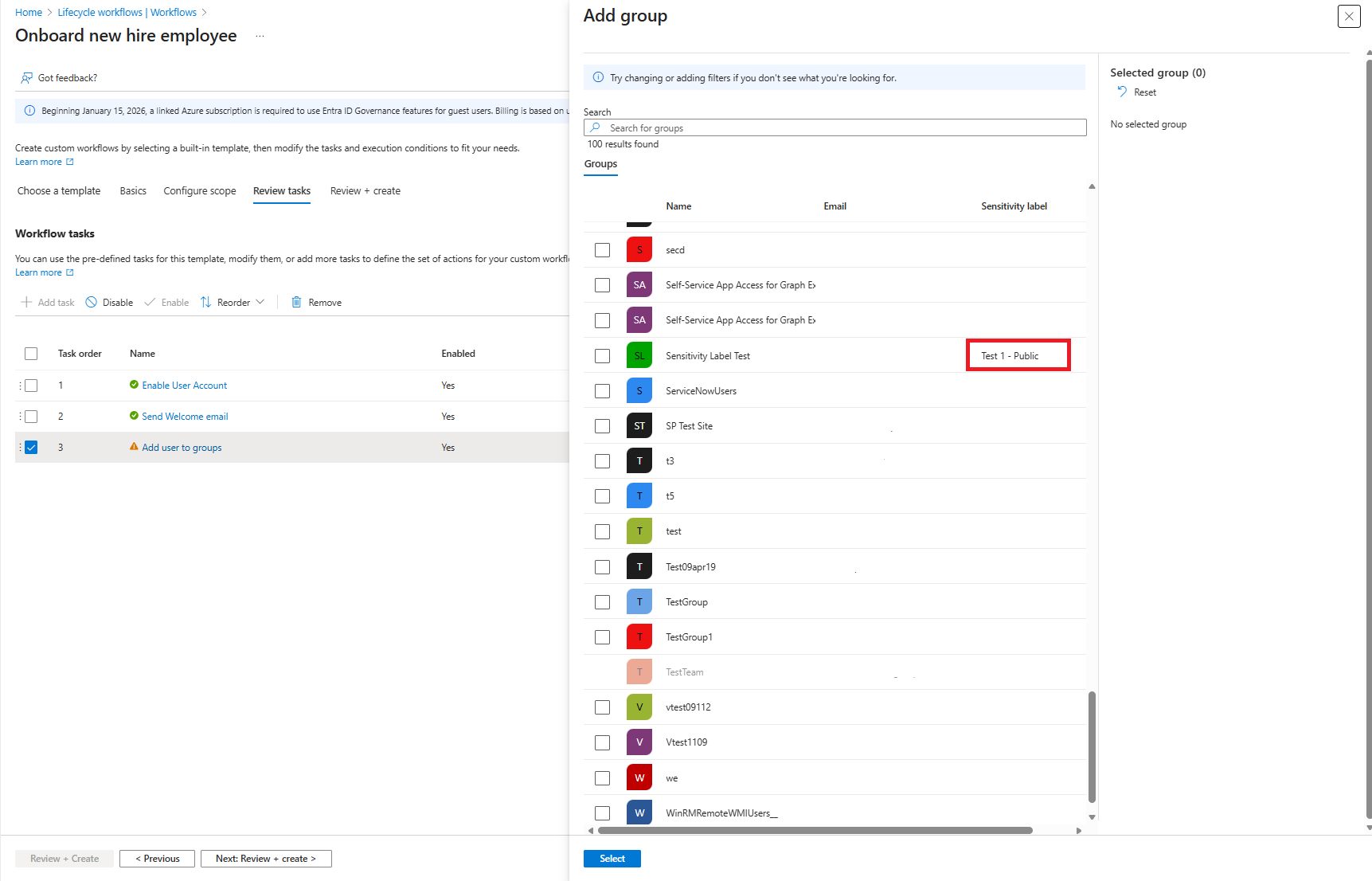Screenshot des Hinzufügens von Gruppen zum Workflow zusammen mit ihren Vertraulichkeitsbezeichnungen.