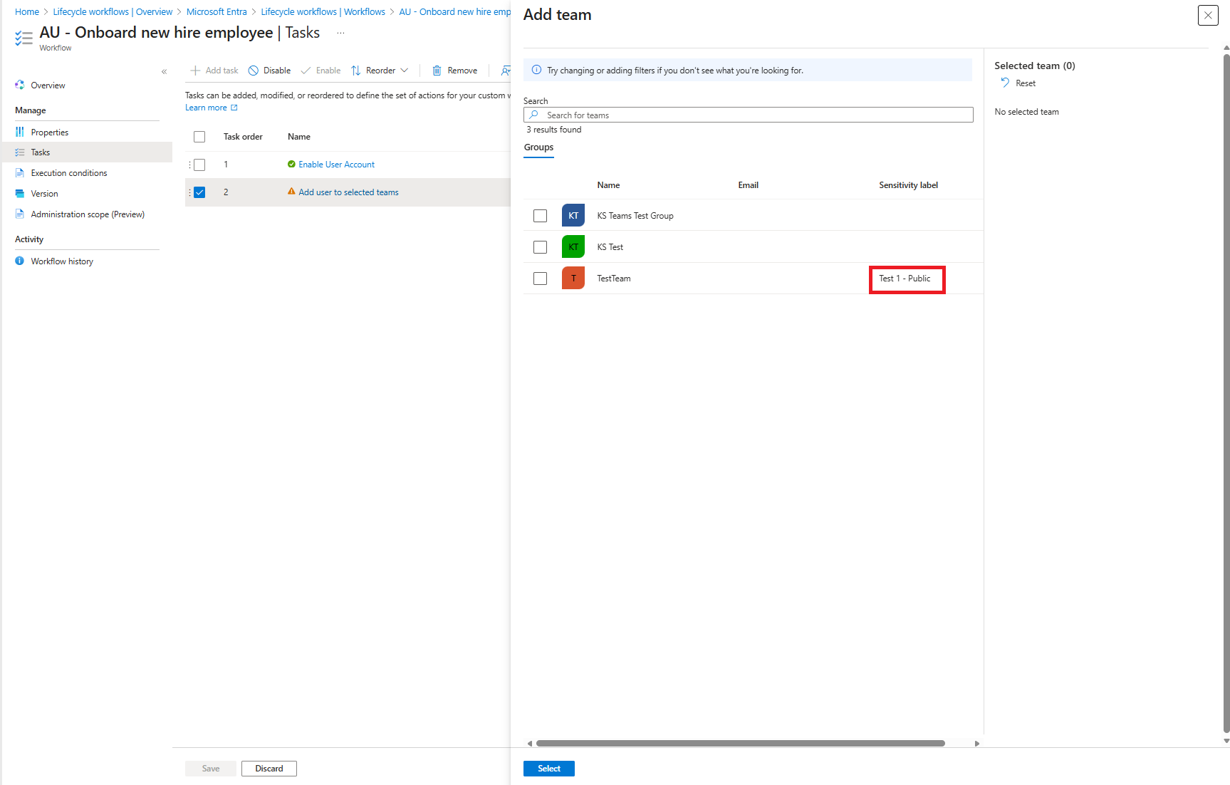 Screenshot von Teams und Vertraulichkeitskennzeichnungen innerhalb einer Aufgabe für einen vorhandenen Workflow.