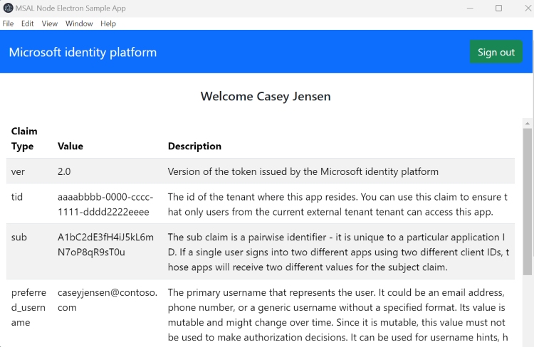 Screenshot von Token-Ansprüche anzeigen in einer Electron-Desktop-App.