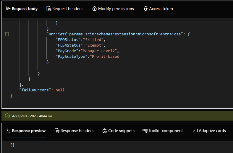 Screenshot der API-Anforderung und -Antwort der Nutzlast.
