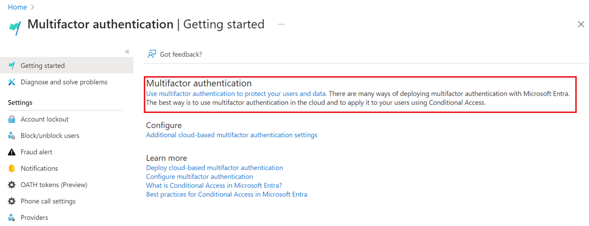 Screenshot: Konfigurieren von Einstellungen für die Multi-Faktor-Authentifizierung
