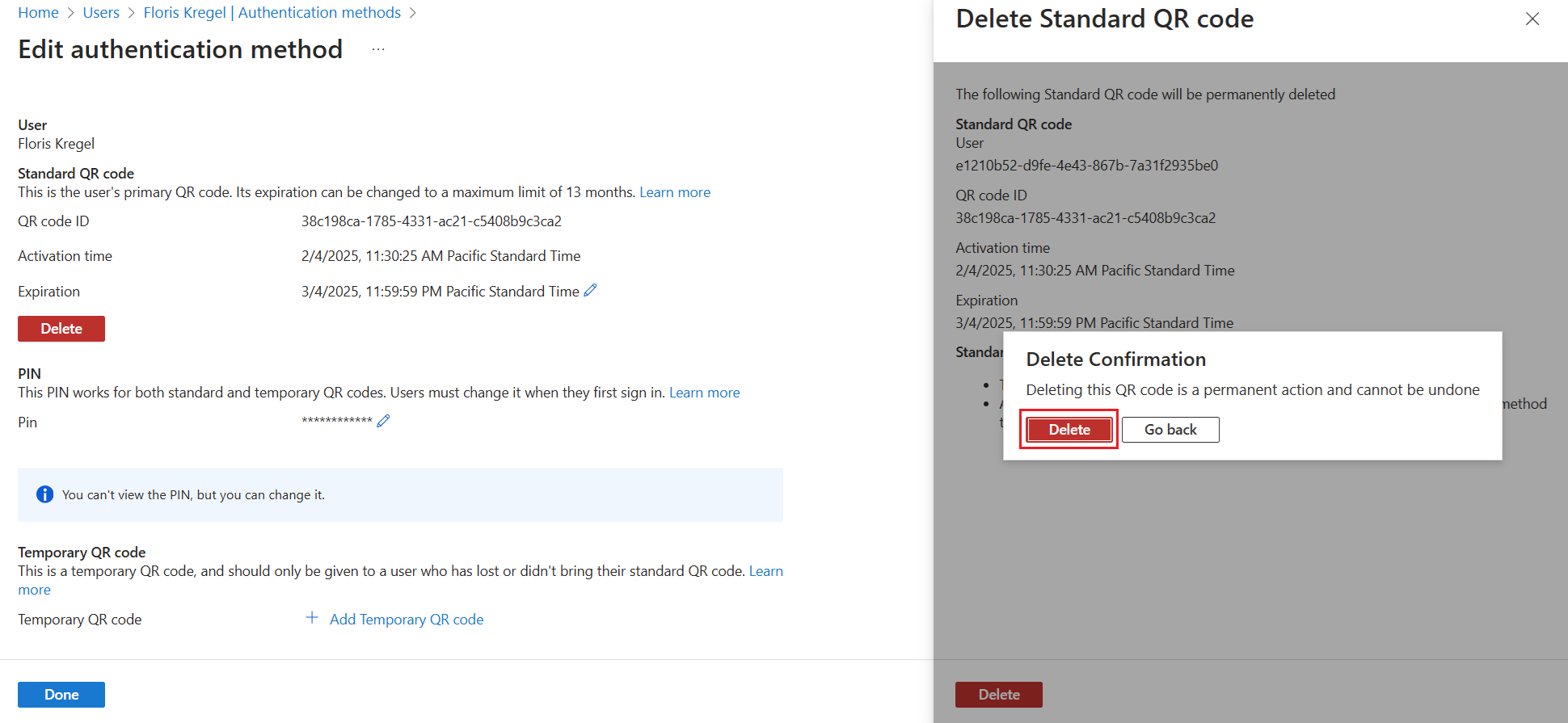 Screenshot, der zeigt, wie sie einen QR-Code löschen.