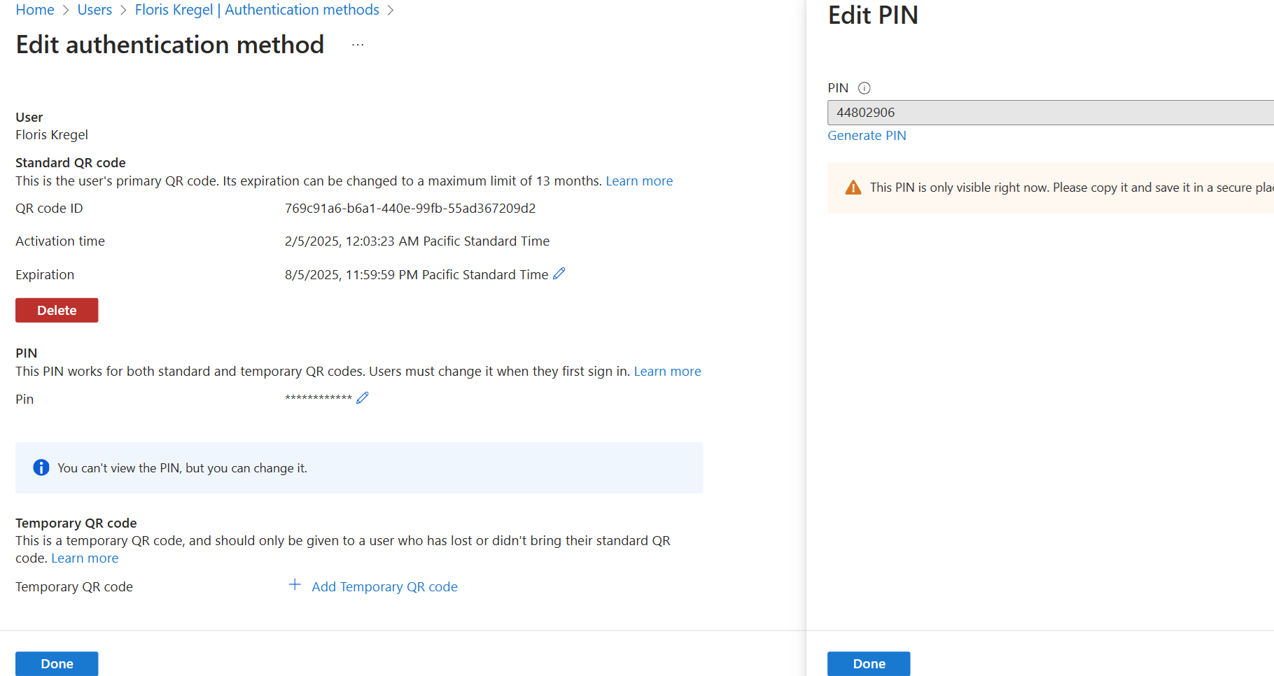 Screenshot, der zeigt, wie eine PIN zurückgesetzt wird.