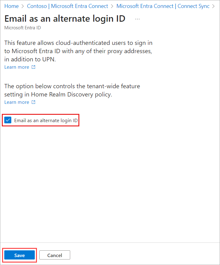 Screenshot des Blatts „E-Mail-Adresse als alternative Anmelde-ID“ im Microsoft Entra Admin Center.