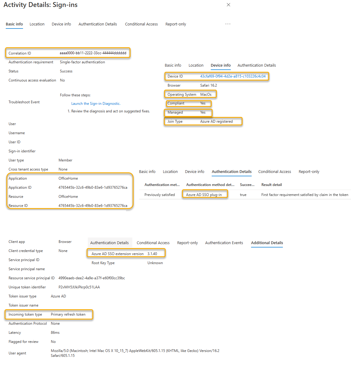 Screenshot mit Querverweis in den Microsoft Entra-Anmeldeprotokollen für die Browser-SSO-Erweiterung.