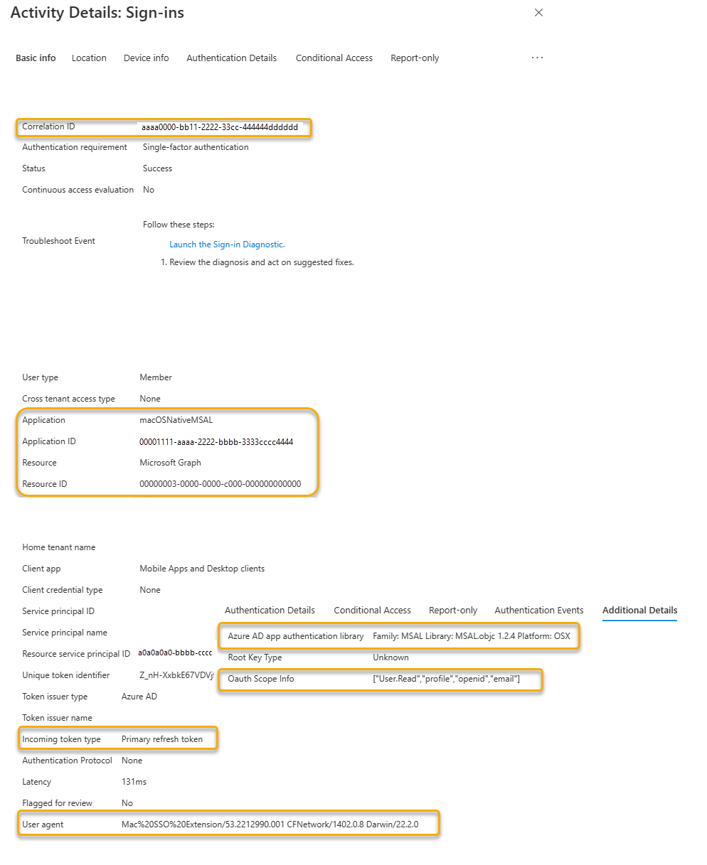 Screenshot mit der stillen Microsoft Entra-Anmeldeanforderung mittels des Enterprise-SSO-Broker-Plugins.