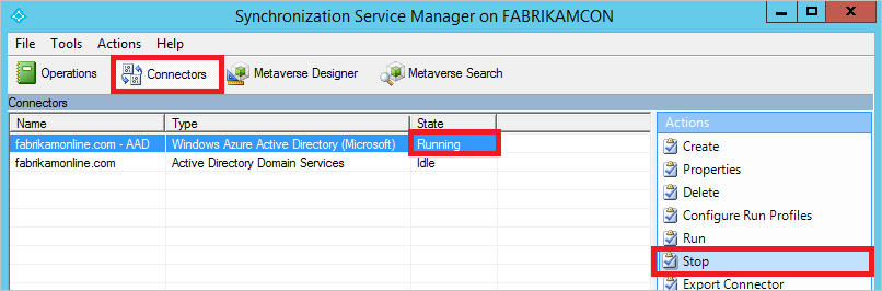 Screenshot mit Synchronization Service Manager mit ausgewählten Connectors und einem laufenden Connector mit hervorgehobener Auswahl „Stop“
