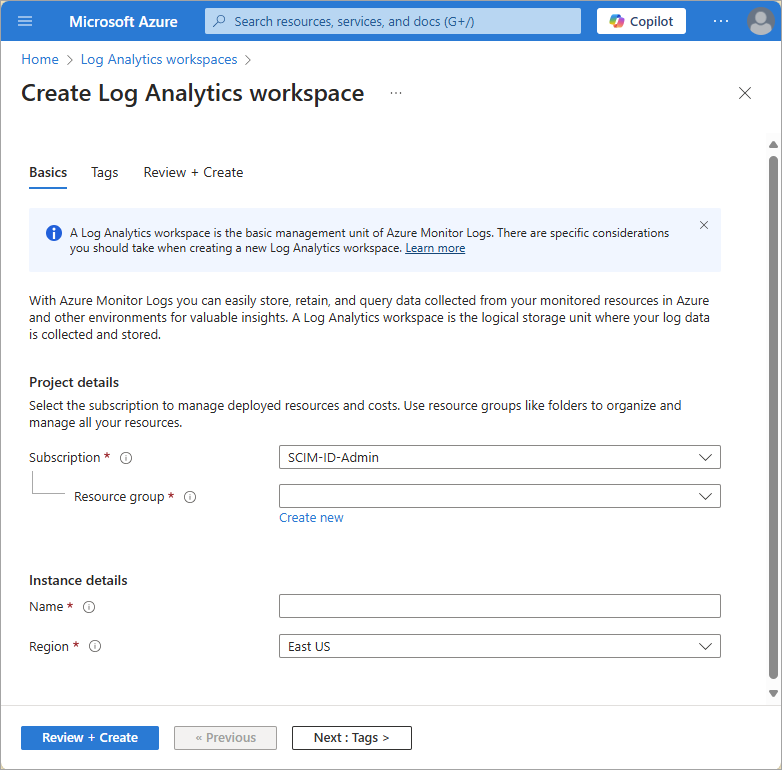 Screenshot der Detailseite für „Neuen Log Analytics-Arbeitsbereich erstellen“.
