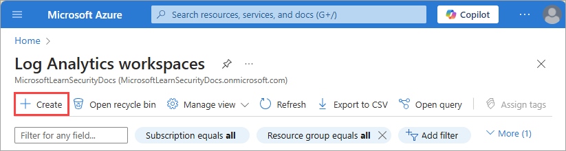 Screenshot der Schaltfläche „Erstellen“ auf der Seite „Log Analytics-Arbeitsbereiche“.