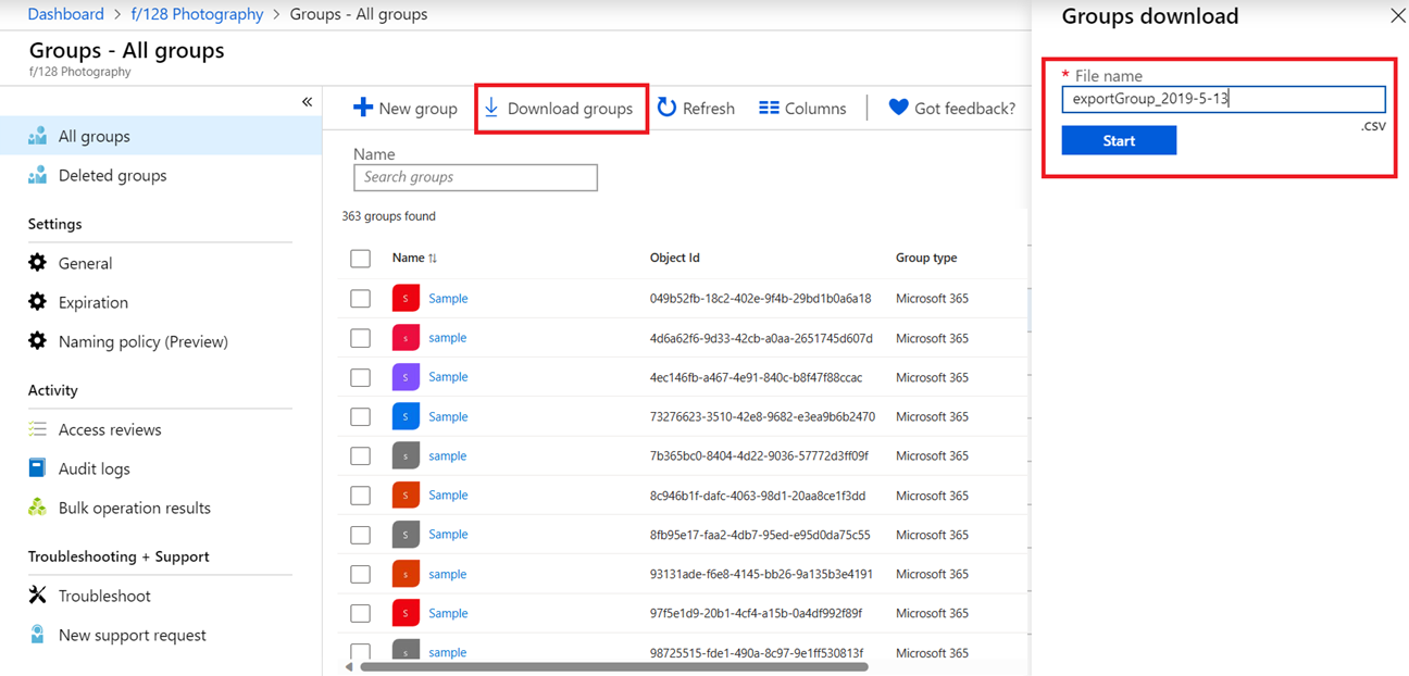 Screenshot, der zeigt, dass sich der Befehl „Gruppen herunterladen“ auf der Seite „Alle Gruppen“ befindet.