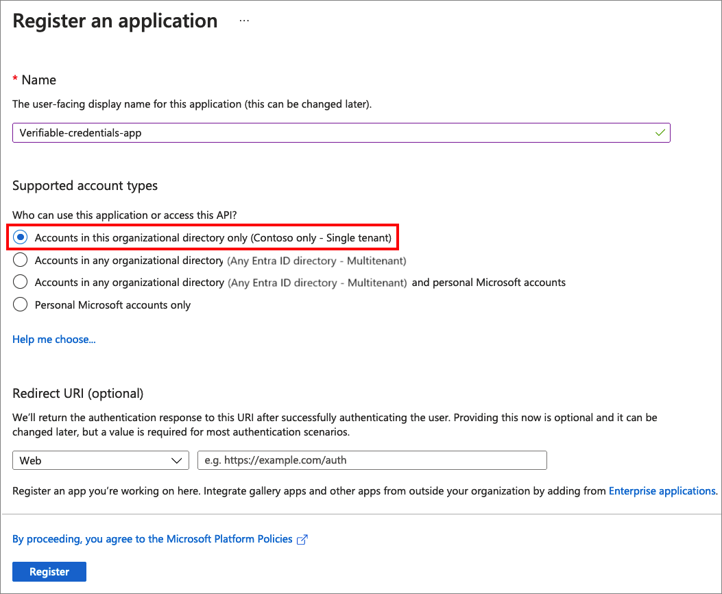 Screenshot that shows how to register the verifiable credentials app.