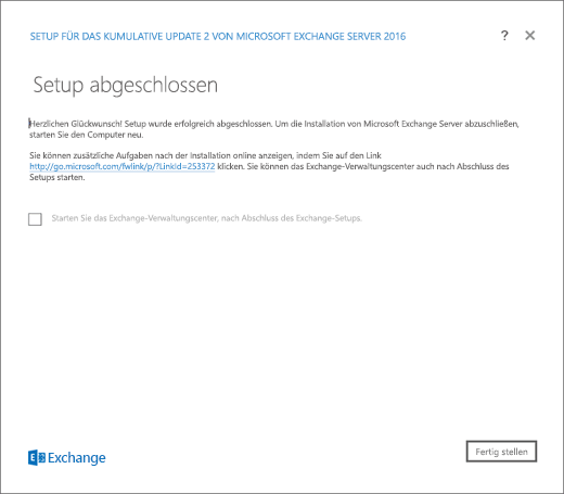 Exchange-Setup – Seite „Setup abgeschlossen“.