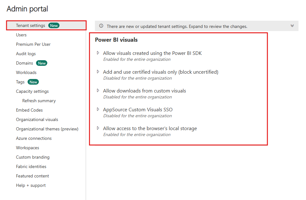Screenshot: Speicherort der Mandanteneinstellungen für visuelle Power BI-Elemente