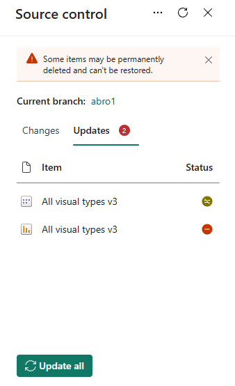 Screenshot: Bereich für die Quellcodeverwaltung mit geöffneter Registerkarte „Aktualisierungen“ und ausgewählter Schaltfläche „Alle aktualisieren“.