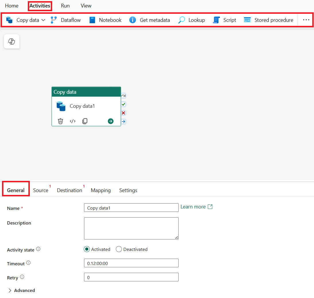 Der Screenshot zeigt den Pipeline-Editor mit der Registerkarte „Aktivitäten“, der Symbolleiste, einer Kopieraktivität und der Registerkarte „Allgemein“ mit den Eigenschaften, alles hervorgehoben.