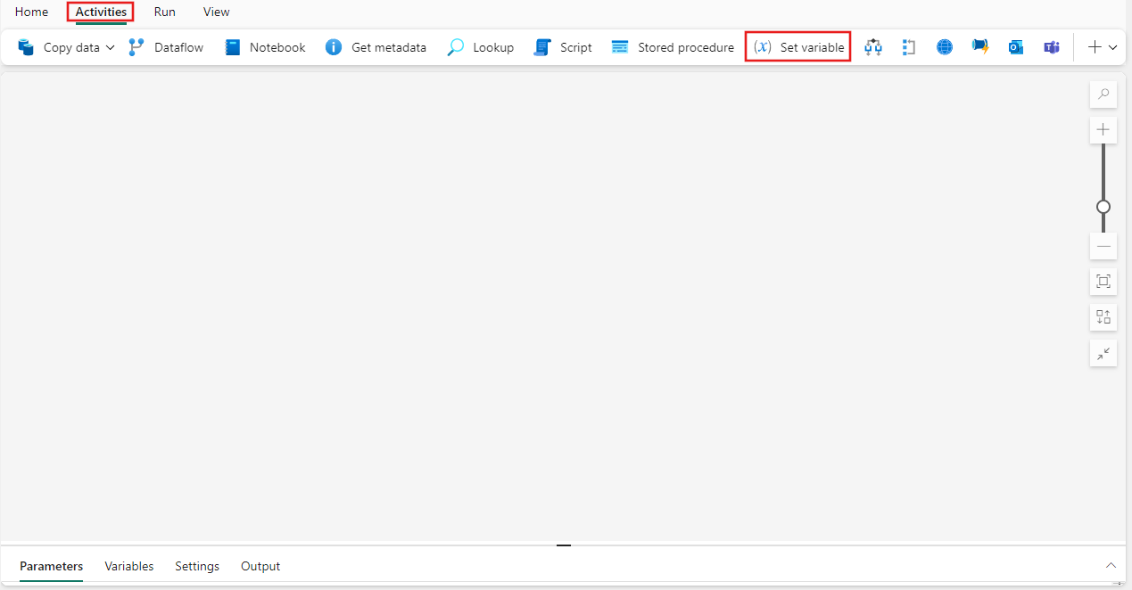 Screenshot der Fabric-Benutzeroberfläche mit dem Bereich „Aktivitäten“ und hervorgehobener Aktivität „Variable anfügen“.