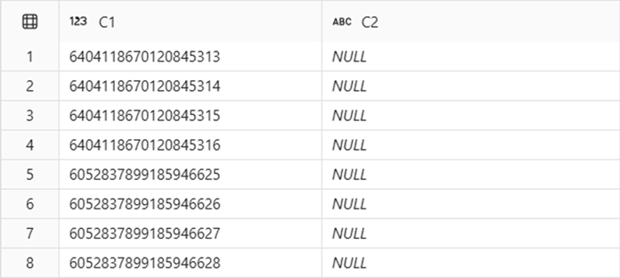 Eine Tabelle mit zwei Spalten mit der Bezeichnung C1 und C2 mit acht Datenzeilen. Spalte C1 enthält große numerische Werte. Spalte C2 enthält den Text.