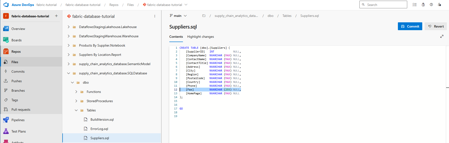 Screenshot zeigt die Bearbeitung der Spaltendefinition „Fax“ in der Tabelle „Lieferanten“ innerhalb von Azure DevOps.