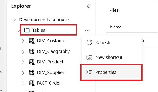 Screenshot, der zeigt, wie Sie den Eigenschaftenbereich im Lakehouse Explorer öffnen.