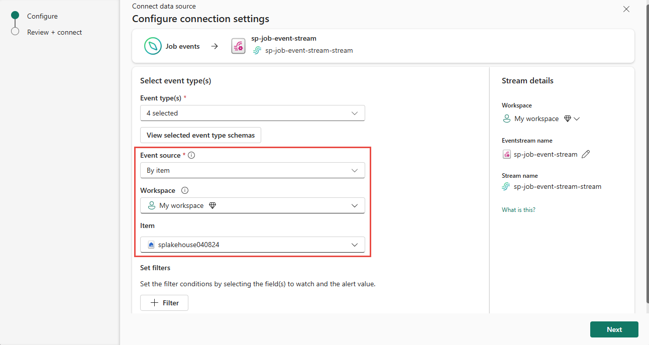 Screenshot: Konfiguration von Quelle, Arbeitsbereich und Element
