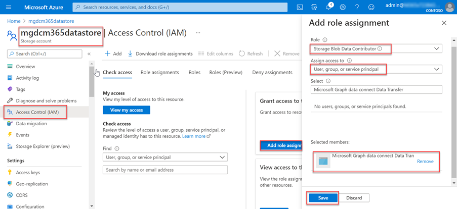 Screenshot der richtigen Rollenzuweisung zur Anwendung für Microsoft Graph Data Connect im Azure Storage-Konto im Azure-Portal.