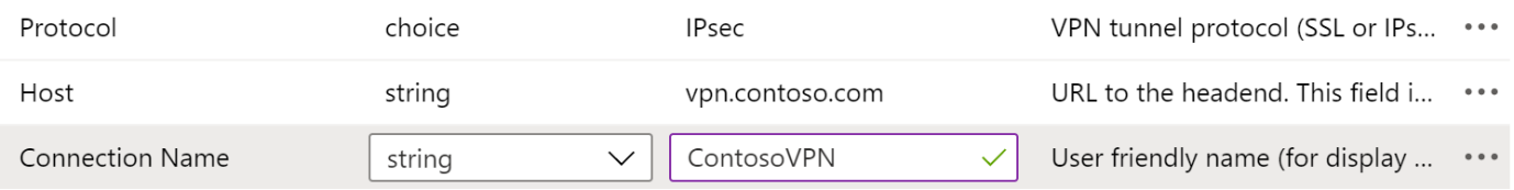 Beispiele für Protokoll, Verbindungsname und Hostname in einer VPN-App Konfigurationsrichtlinie in Microsoft Intune mithilfe des Configuration Designer