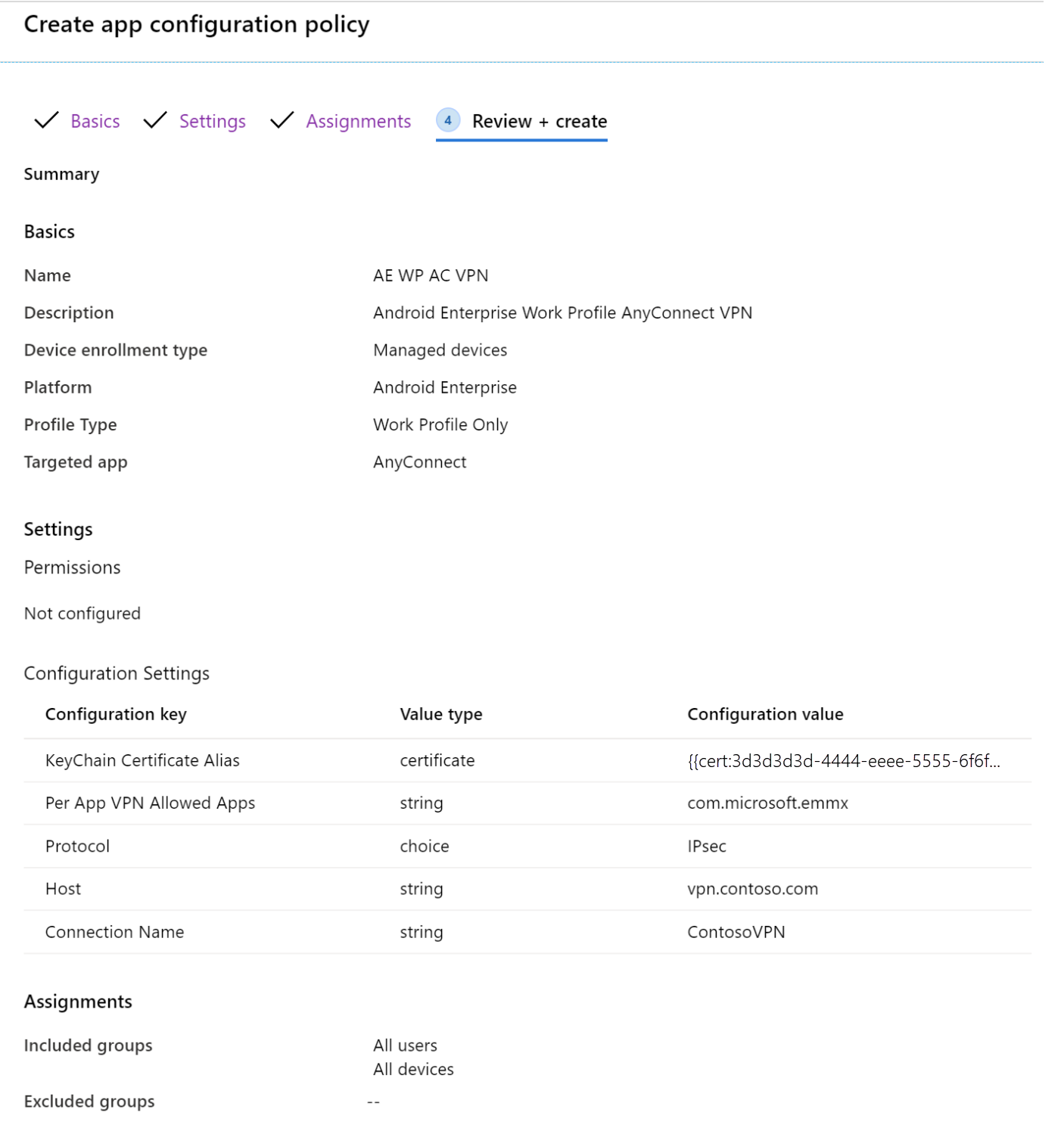 Überprüfen Sie die App-Konfigurationsrichtlinie mithilfe des Configuration Designer-Ablaufs in Microsoft Intune.