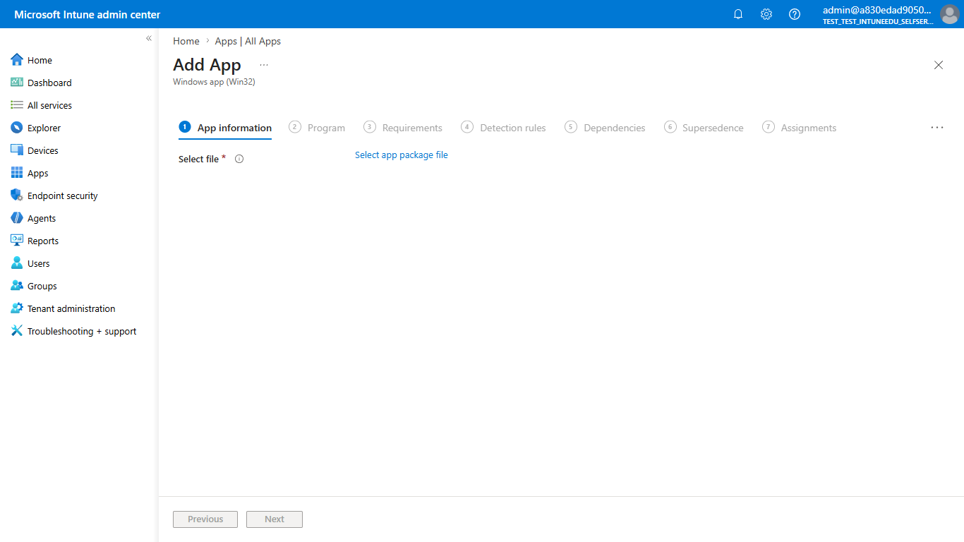 Screenshot des Assistenten zum Hinzufügen von Apps für eine Win32-App im Microsoft Intune Admin Center, der den Schritt 