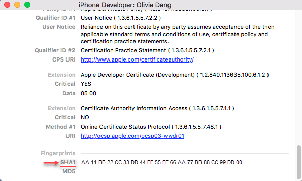 iPhone-Informationen – SHA1-Zeichenfolge mit Fingerabdrücken