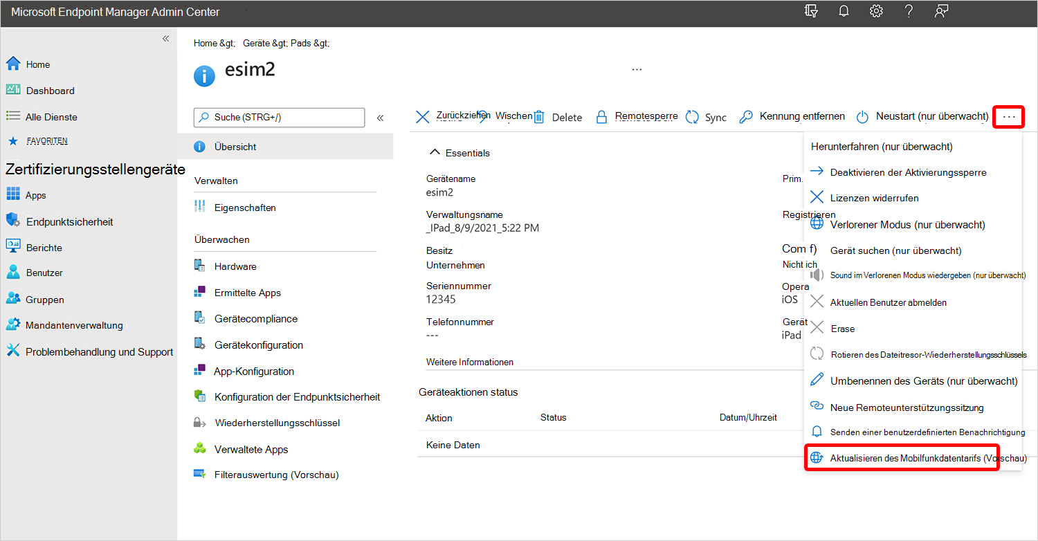 Intune Admin Center mit dem Feld Mobilfunkdatenplan aktualisieren mit einer Aktivierungsserver-URL