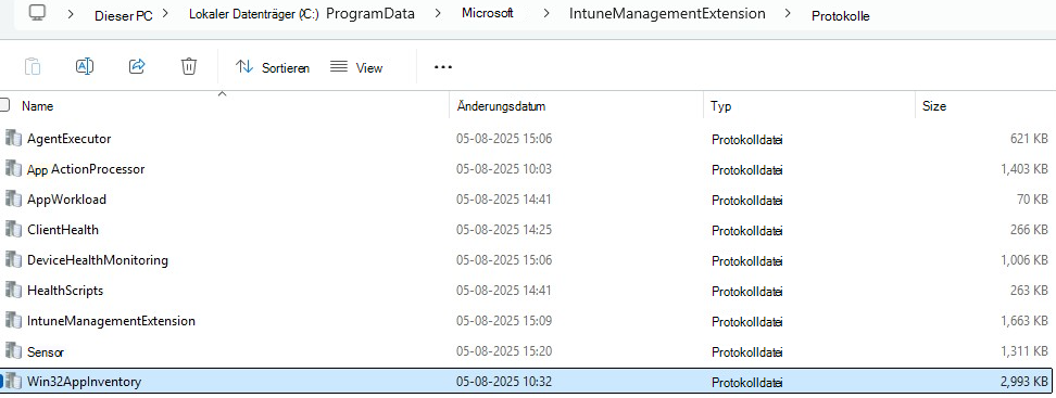 Screenshot: Protokolldateien der Intune Verwaltungserweiterung in CMTrace