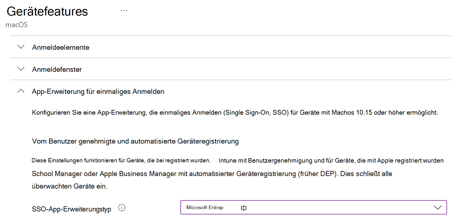 Screenshot: SSO-App-Erweiterungstyp und Microsoft Entra-ID für macOS in Intune