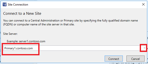 Im Fenster Standortverbindung geben Sie den FQDN des Standortservers ein.