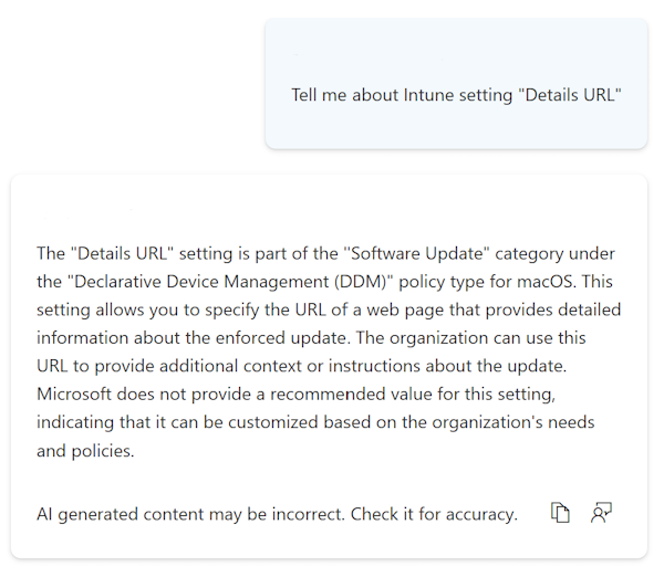 Screenshot: Copilot mit detaillierteren Informationen zu einstellungen im Einstellungskatalog in Microsoft Intune und Intune Admin Center