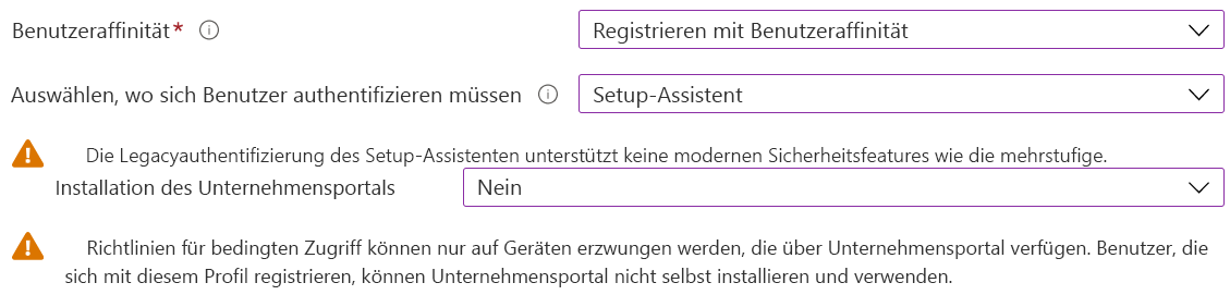 Registrieren Sie im Intune Admin Center und Microsoft Intune iOS-/iPadOS-Geräte mit Apple Configurator. Wählen Sie Mit Benutzeraffinität registrieren aus, verwenden Sie den Setup-Assistenten für die Authentifizierung, und installieren Sie die Unternehmensportal App nicht.