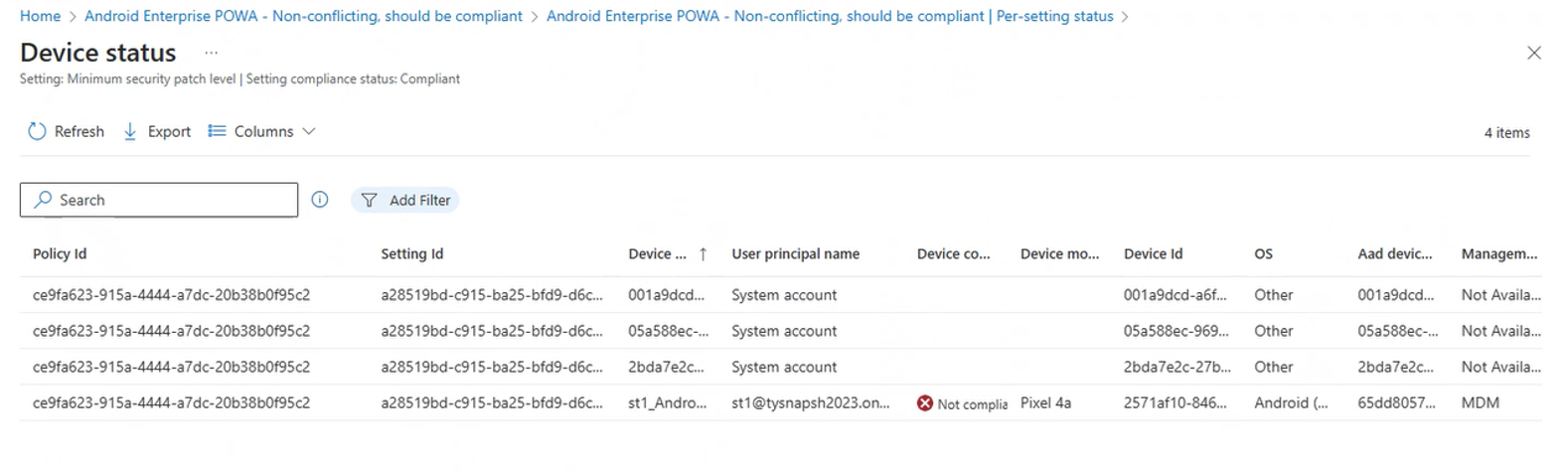 Screenshot, der die Ergebnisse eines Drilldowns in ein Statusergebnis pro Einstellung anzeigt, um Details für Geräte anzuzeigen, die diesen Status gemeldet haben.