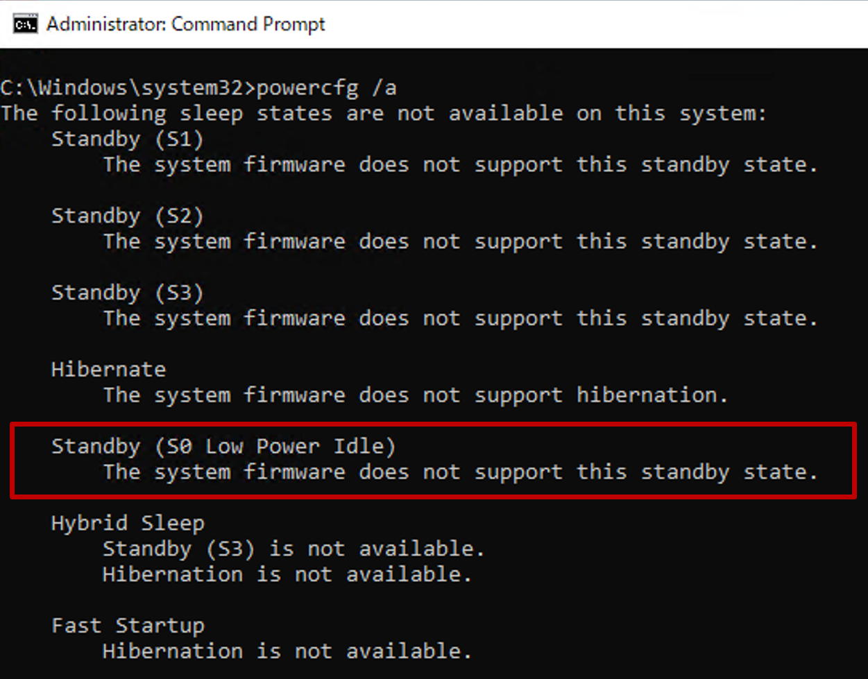 Screenshot der Eingabeaufforderung mit der Ausgabe des powercfg-Befehls mit dem Standbyzustand S0 nicht verfügbar.