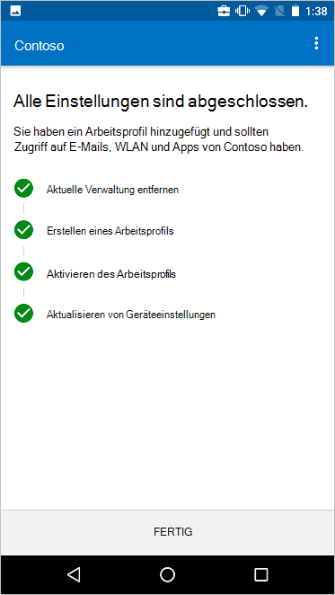 Der Bildschirm Zum Einrichten der neuen Geräteverwaltung wechseln zeigt an, dass alle Schritte abgeschlossen wurden.