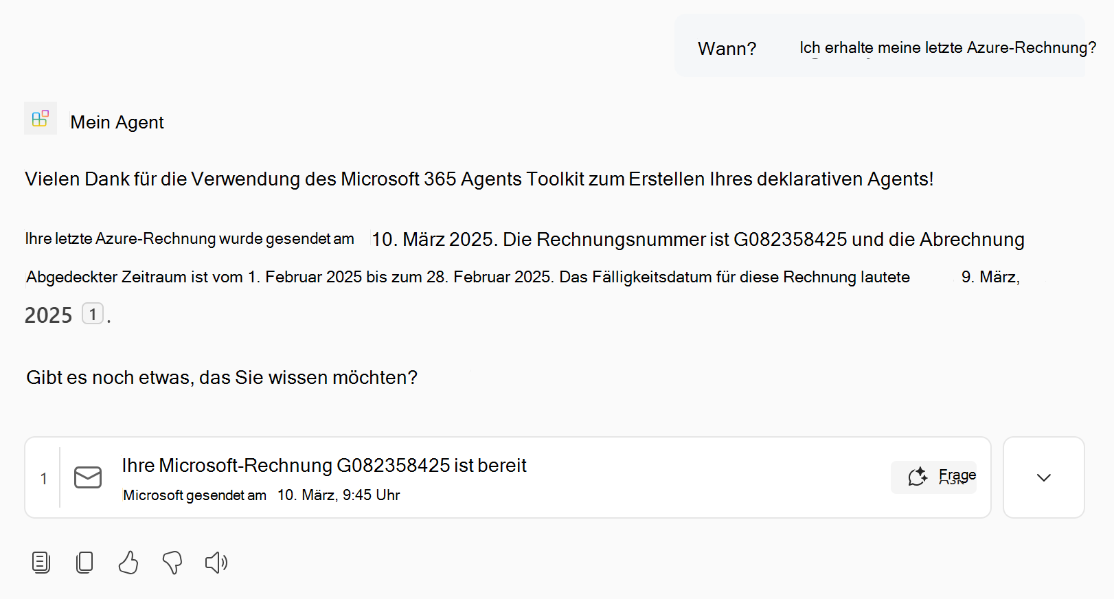 Screenshot mit einer Antwort des deklarativen Agents, die E-Mail-Wissen enthält