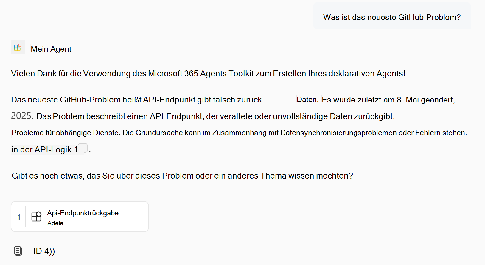 Screenshot einer Antwort des deklarativen Agents, die Copilot-Connectorinhalt enthält