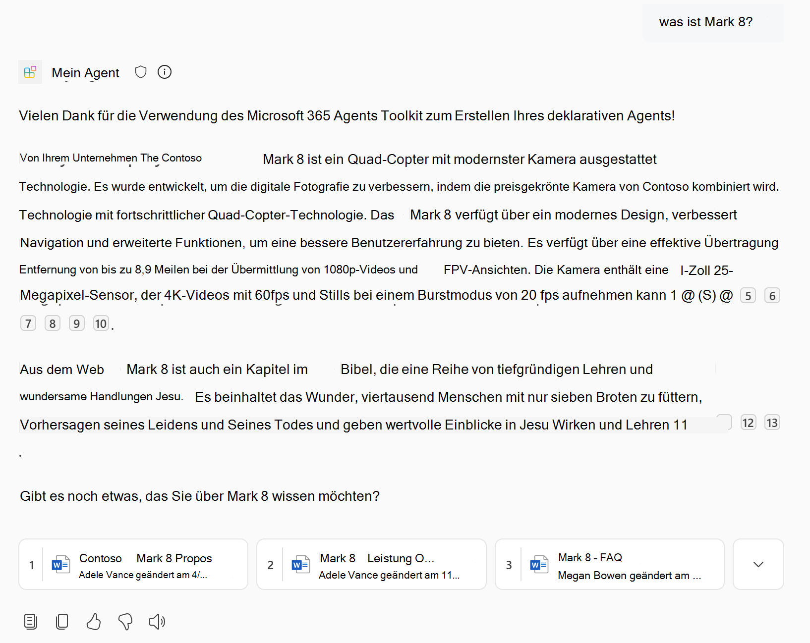 Screenshot mit einer Antwort des deklarativen Agents, der SharePoint- und OneDrive-Inhalte enthält