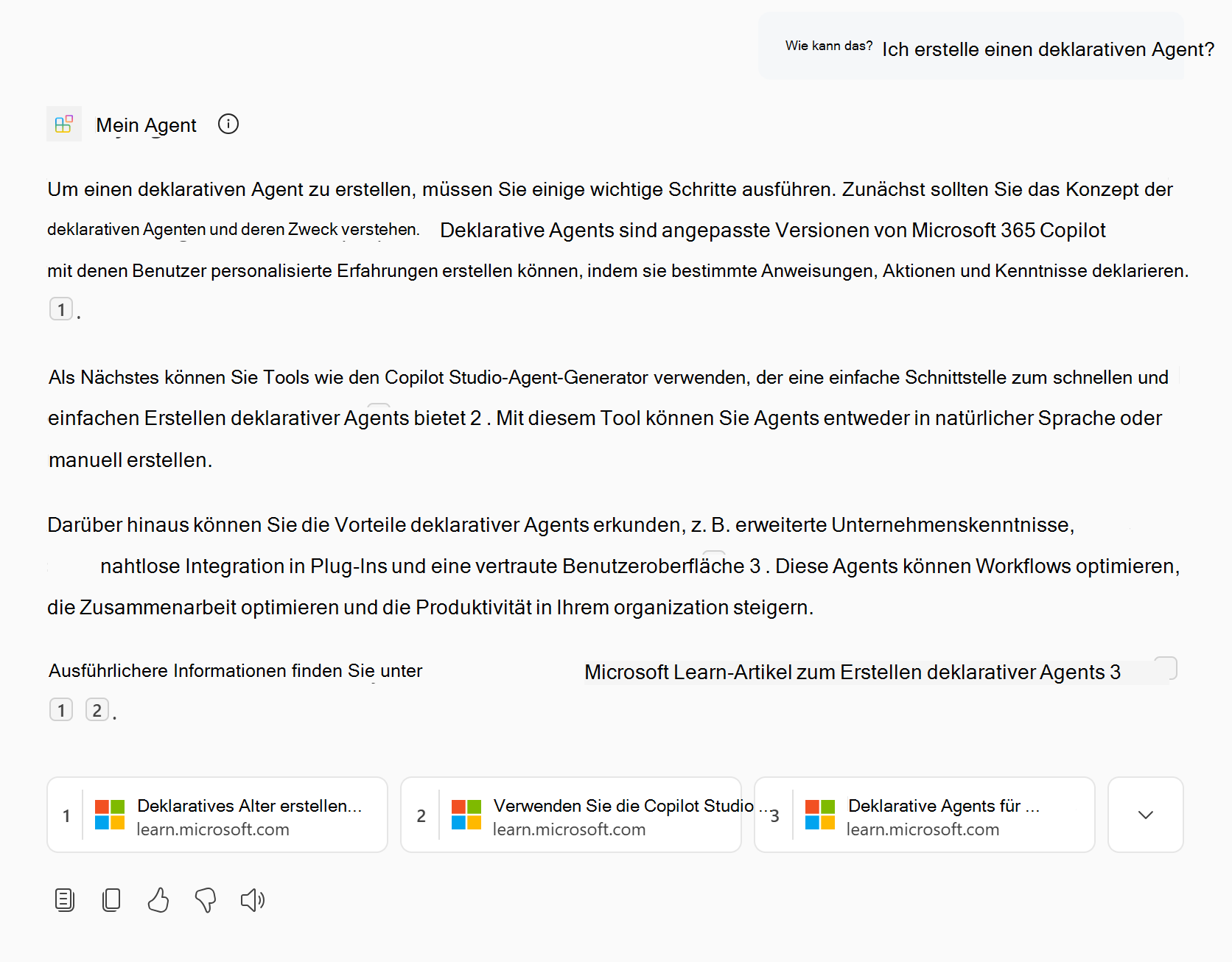Screenshot mit einer Antwort des deklarativen Agents, der Webinhalte enthält