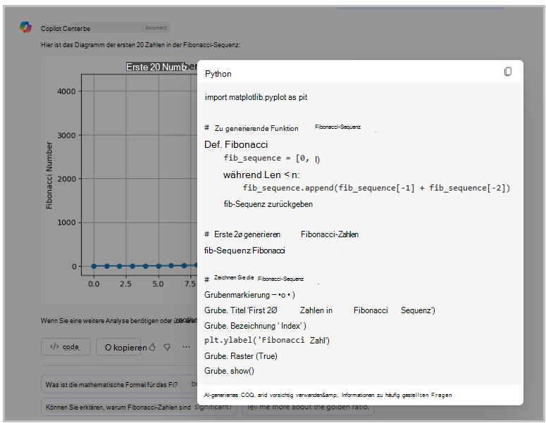 Screenshot des Python-Codes zum Graphen der ersten 20 Zahlen einer Fibonacci-Sequenz.