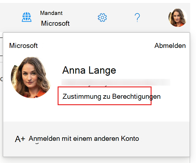 Screenshot des Benutzerprofil-Flyouts im Graph-Explorer