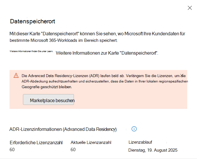 Screenshot der Datenspeicherortansicht: Ablaufende ADR-Lizenzen