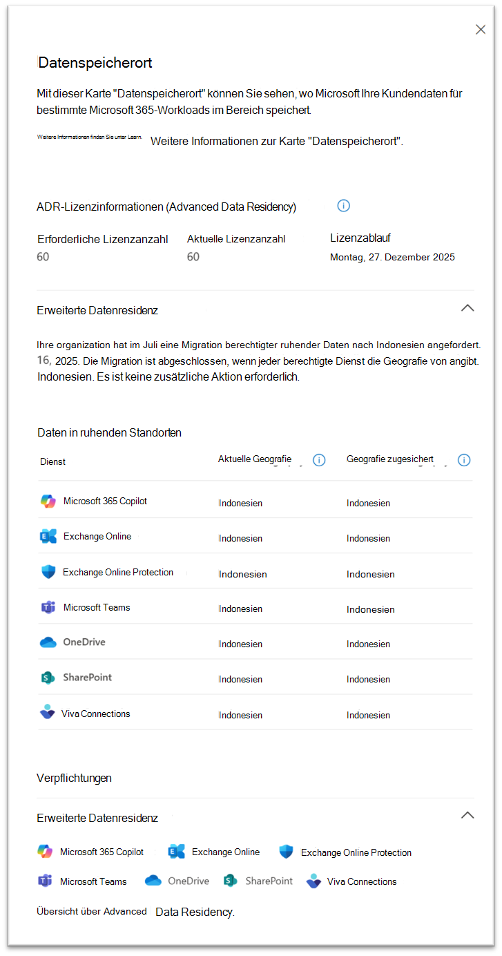Screenshot: Ansicht „Datenspeicherort“ Migration abgeschlossen