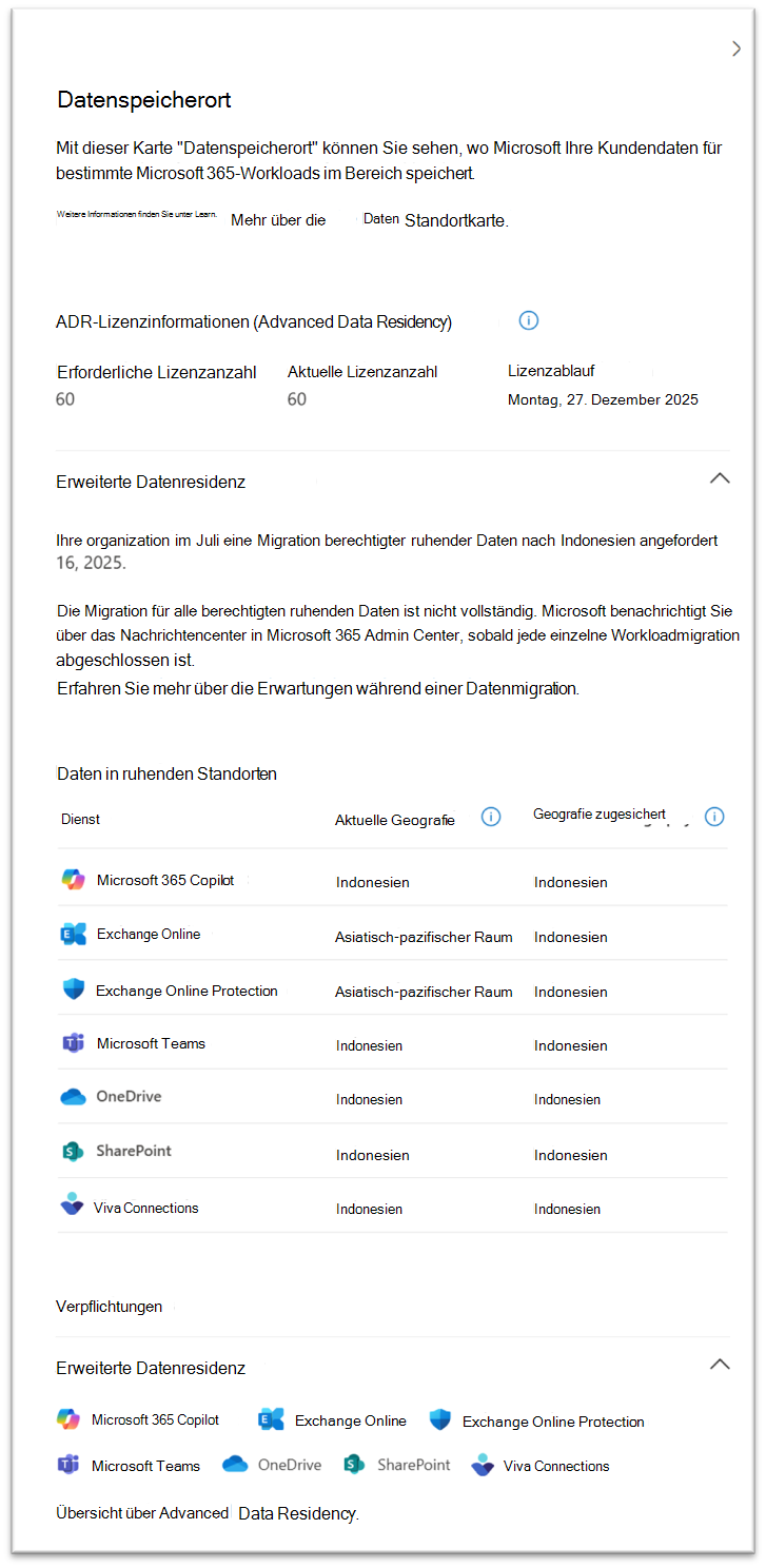 Screenshot: Ansicht „Datenspeicherort“ Migration wird ausgeführt.