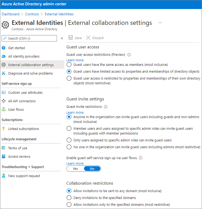 Screenshot der Einstellungsseite für die externe Zusammenarbeit in Microsoft Entra.